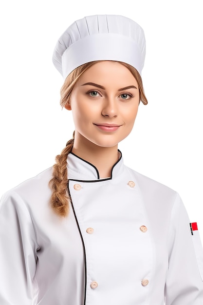 A woman in a chef's hat and white uniform