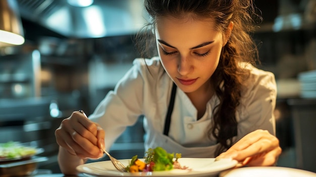 a woman in a chef uniform is eating a salad