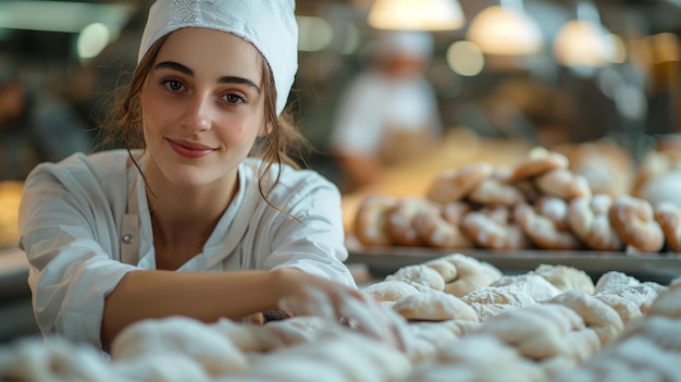 A woman in a chef39s hat stands in front of a table full of pastries