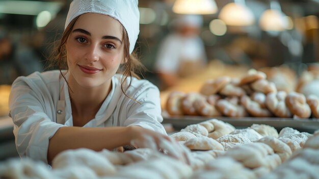 Photo a woman in a chef39s hat stands in front of a table full of pastries