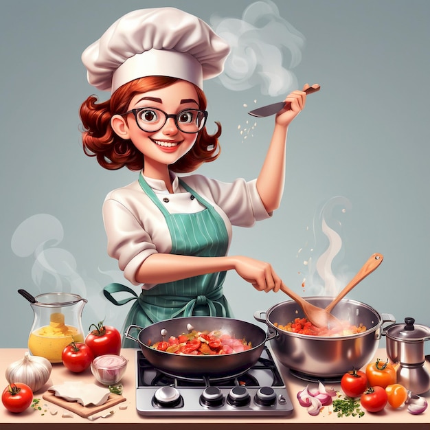 a woman in a chefs hat is cooking in a kitchen