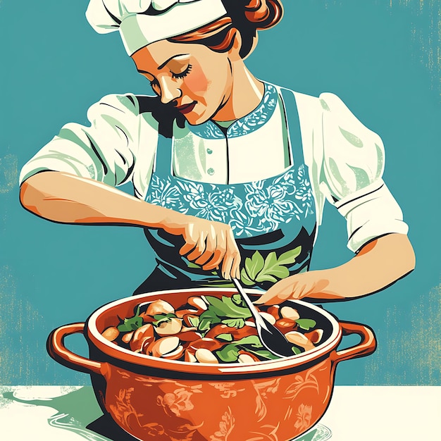 Photo a woman in a chefs hat stirring a pot of food