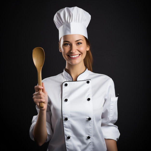 a woman in a chefs outfit with a spoon in her hand