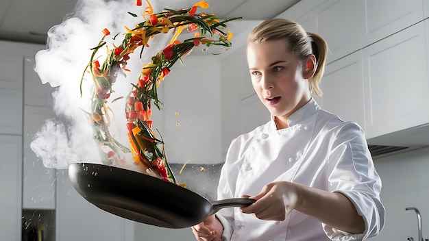 Photo a woman in a chefs uniform holds a pan of food with steam coming out of it