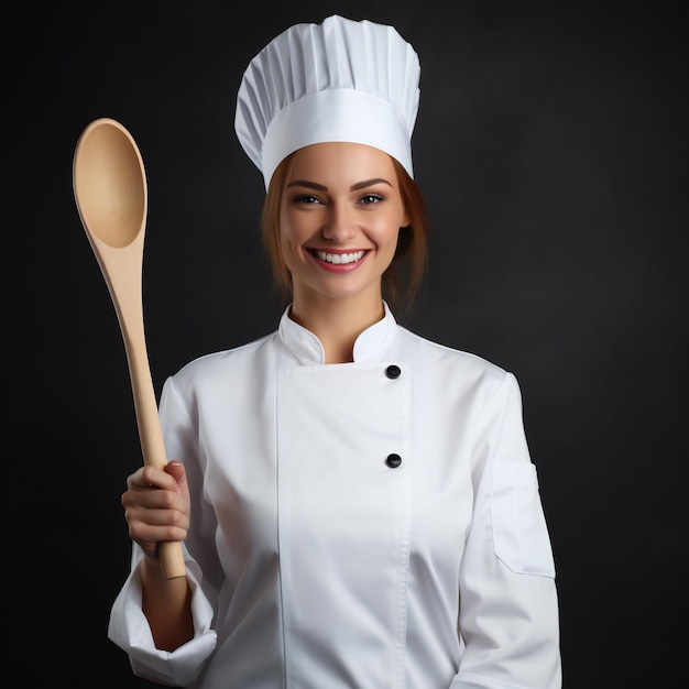 a woman in a chefs uniform holds a spoon