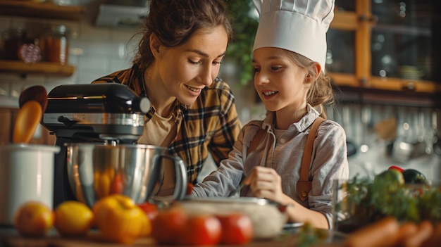 A woman in a chefs uniform is cooking with a young girl