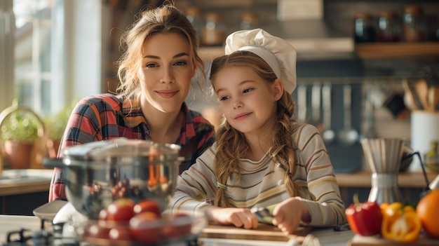 Photo a woman in a chefs uniform is cooking with a young girl