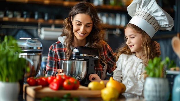 A woman in a chefs uniform is cooking with a young girl