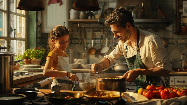 Photo a woman in a chefs uniform is cooking with a young girl