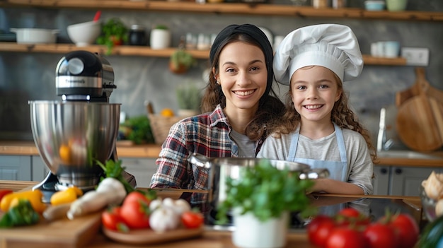 A woman in a chefs uniform is cooking with a young girl