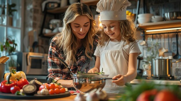 A woman in a chefs uniform is cooking with a young girl