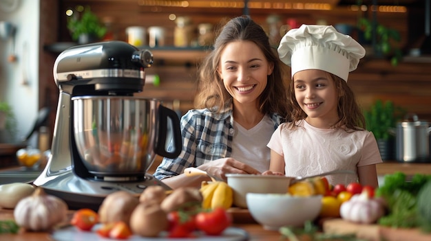 A woman in a chefs uniform is cooking with a young girl