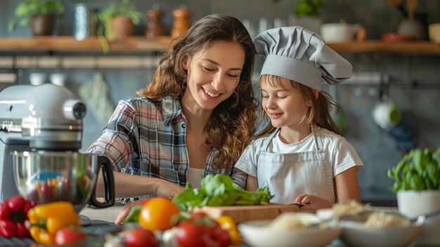 A woman in a chefs uniform is cooking with a young girl