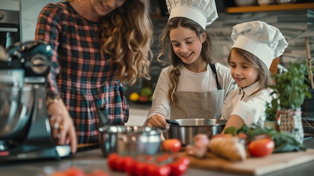 Photo a woman in a chefs uniform is cooking with a young girl