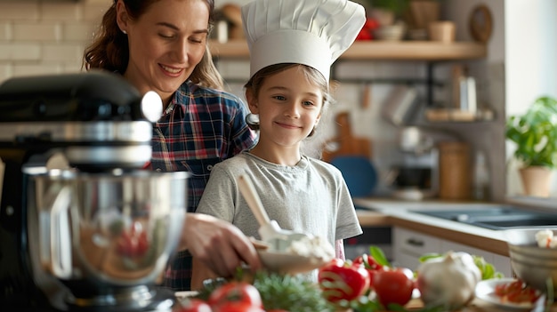 A woman in a chefs uniform is cooking with a young girl