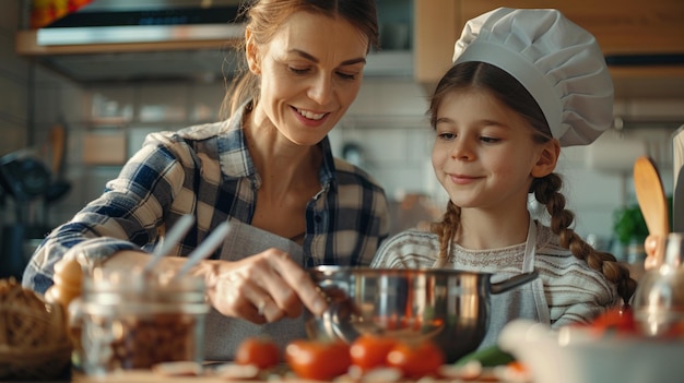 A woman in a chefs uniform is cooking with a young girl