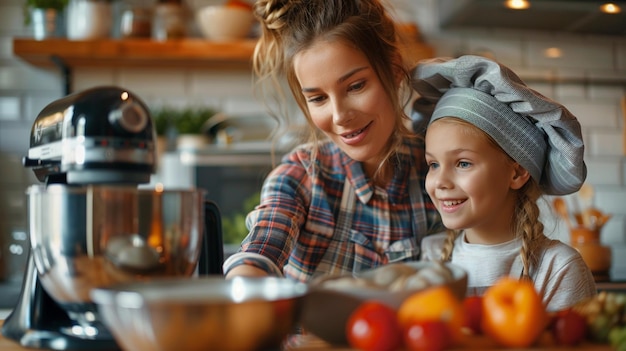 A woman in a chefs uniform is cooking with a young girl