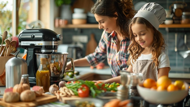 Photo a woman in a chefs uniform is cooking with a young girl