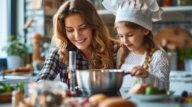 Photo a woman in a chefs uniform is cooking with a young girl