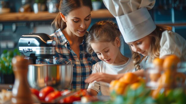 Photo a woman in a chefs uniform is cooking with a young girl