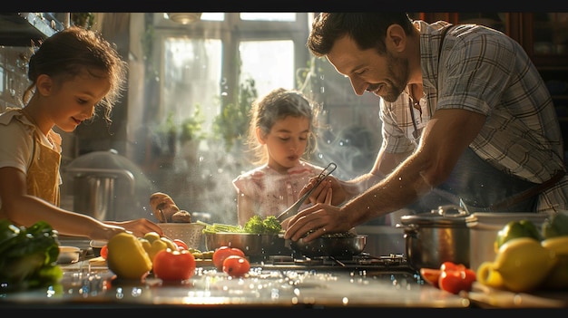 Photo a woman in a chefs uniform is cooking with a young girl