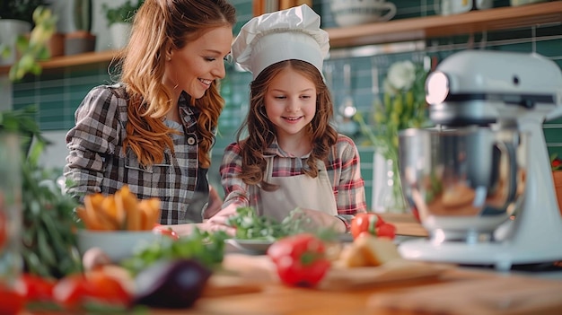 A woman in a chefs uniform is cooking with a young girl