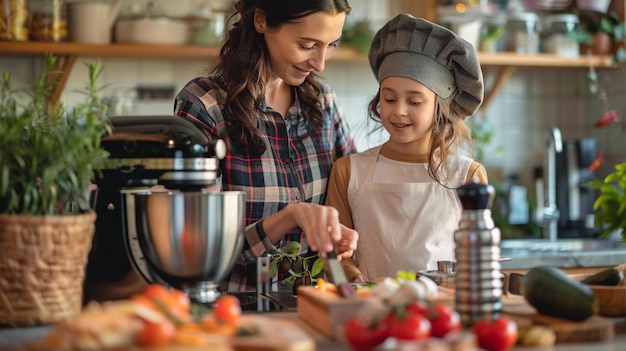 A woman in a chefs uniform is cooking with a young girl