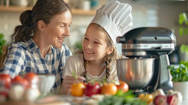 A woman in a chefs uniform is cooking with a young girl