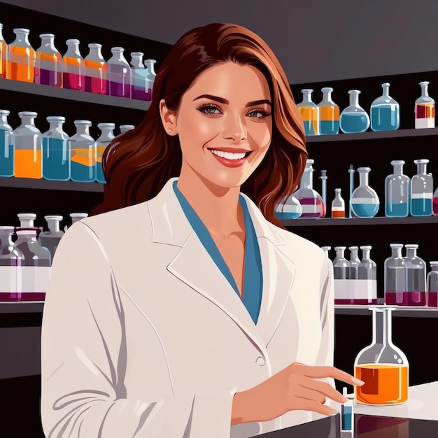 woman chemist in chemical laboratory vector lineart flat illustration