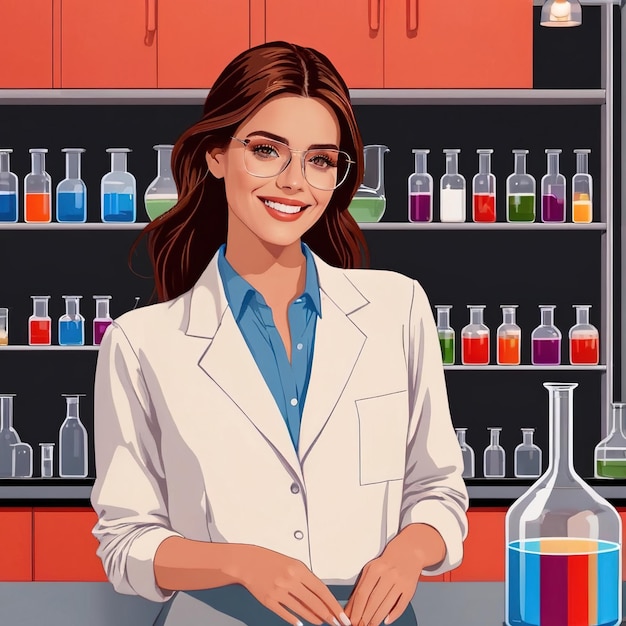 woman chemist in chemical laboratory vector lineart flat illustration