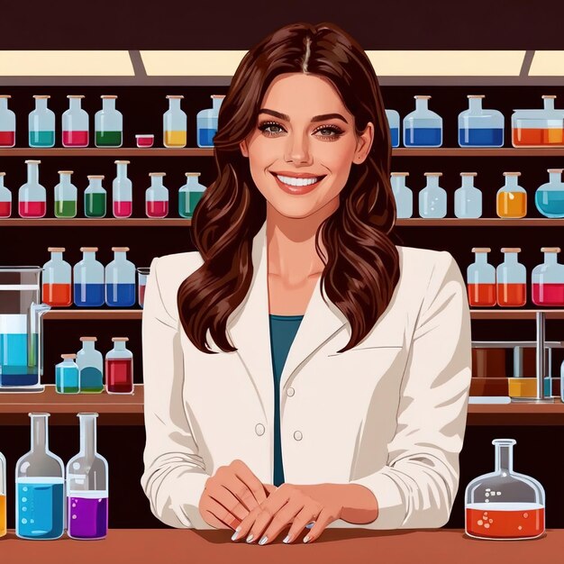 woman chemist in chemical laboratory vector lineart flat illustration