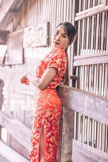 Woman in a cheongsam dress