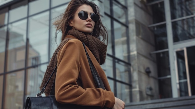 A woman in a chic brown jacket and black sunglasses strolls confidently along the city streets