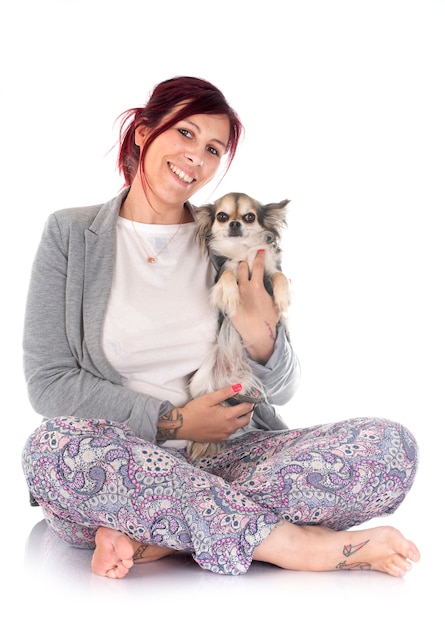 woman and chihuahua in studio