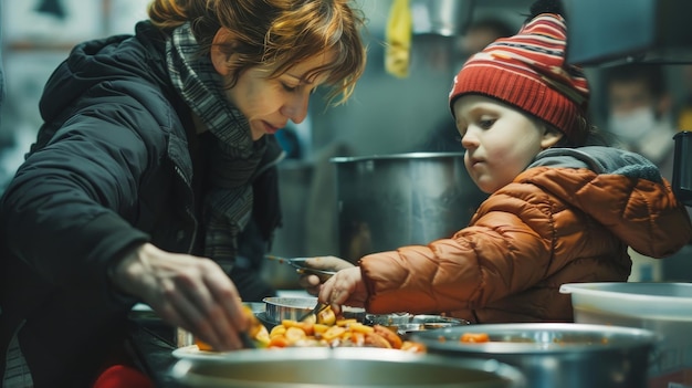 Photo a woman and child are cooking in a kitchen with a pot of food