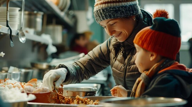 Photo a woman and a child are cooking in a kitchen with a woman holding a pot with a spoon