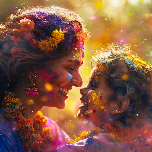 a woman and a child are covered in colorful powder