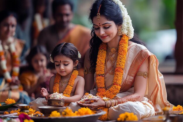 Photo a woman and a child are eating food with other people