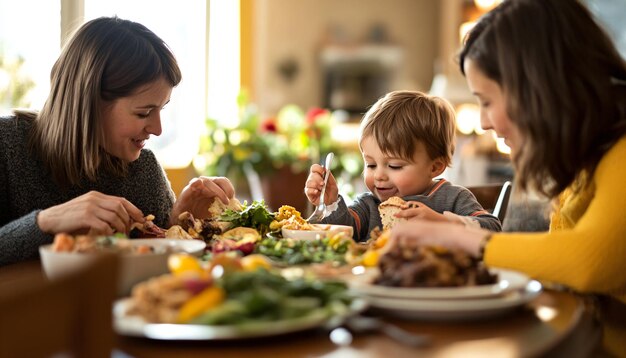 Photo a woman and a child are eating a meal with a woman and a child