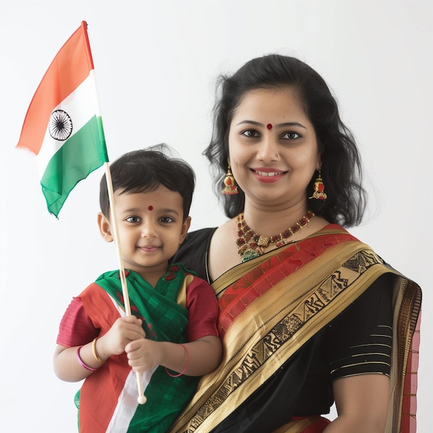 a woman and a child are holding a flag with the words india on it