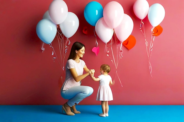 a woman and a child are holding hands and a wall of balloons with a little girl