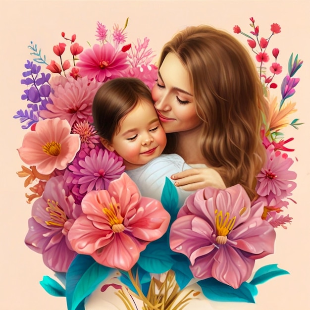 a woman and a child are hugging each other with flowers