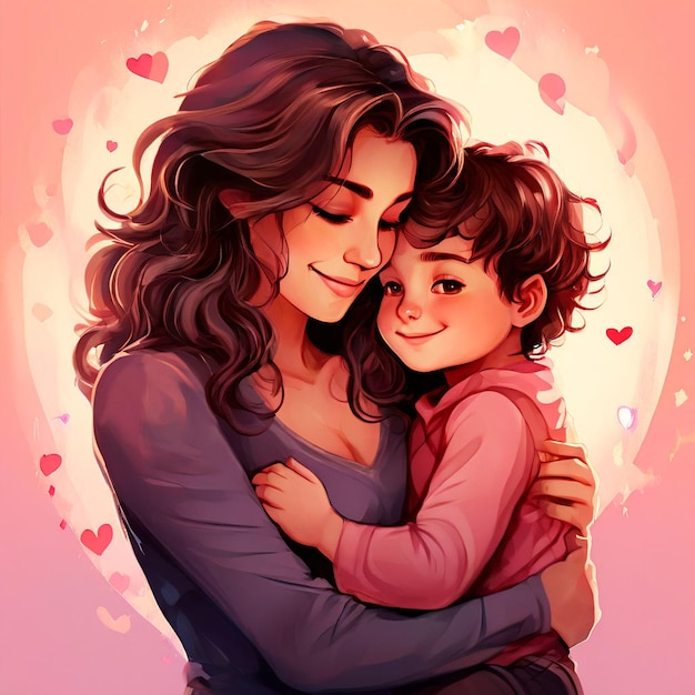 a woman and a child are hugging each other and the words quot love quot on the face