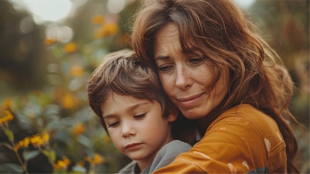 a woman and a child are hugging each other and the words  no