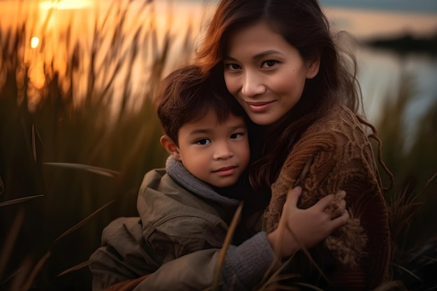 A woman and a child are hugging in a field at sunset.