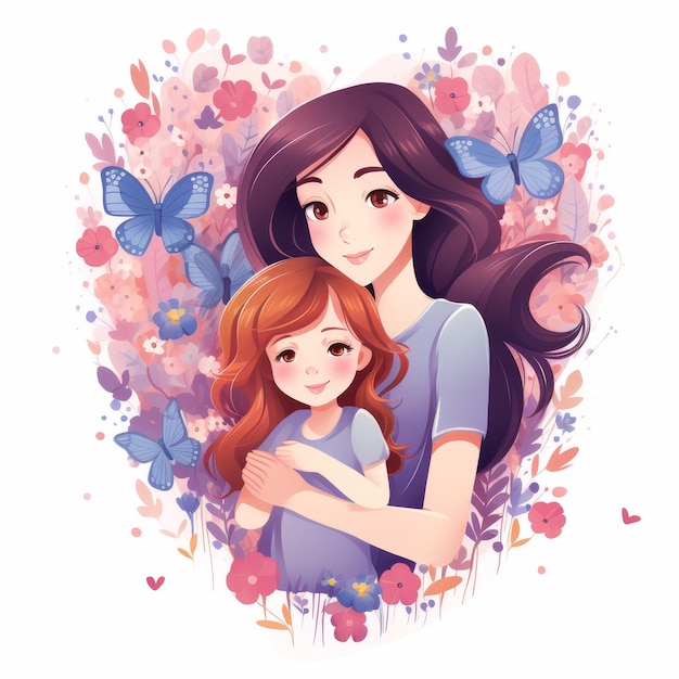 A woman and a child are hugging in a flowery heart