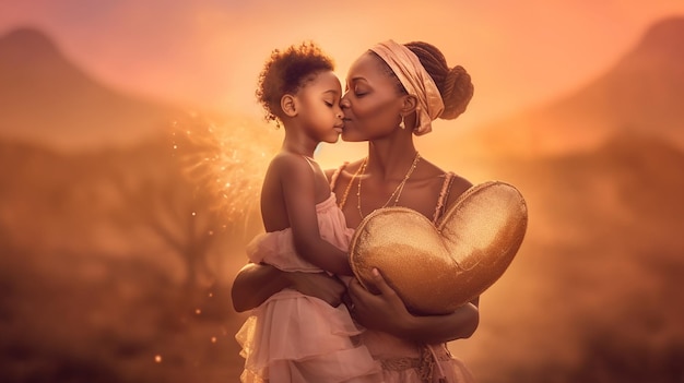 A woman and a child are kissing a heart shaped heart.