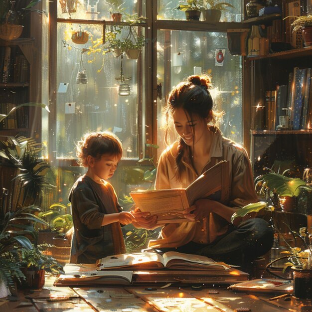 a woman and a child are looking at a book