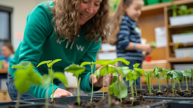 a woman and a child are looking at plants in a garden