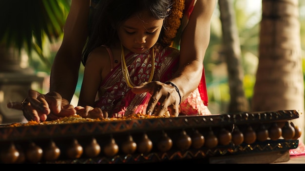 Photo a woman and a child are looking at a pot of food